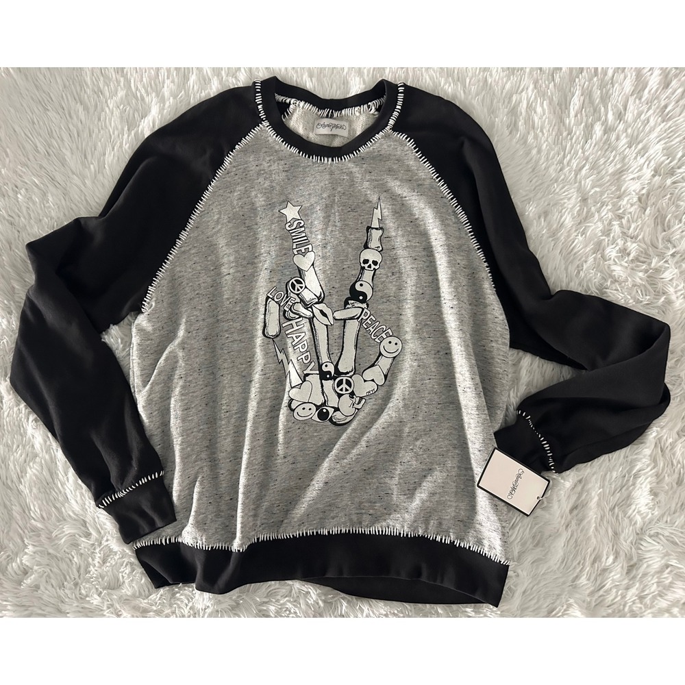 New Lauren Moshi Gray & Black Raglan Graphic Sweatshirt L